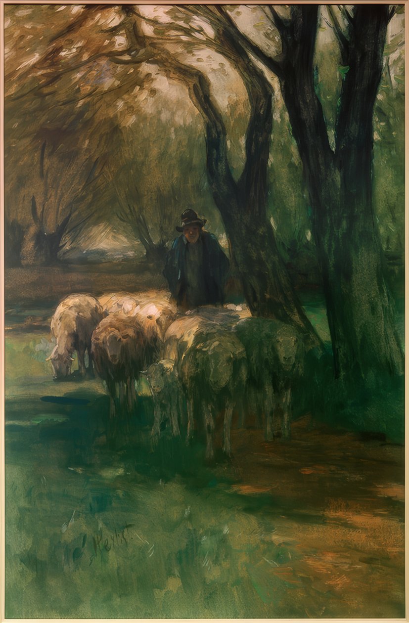 Flock får under träd av Thomas Ludwig Herbst
