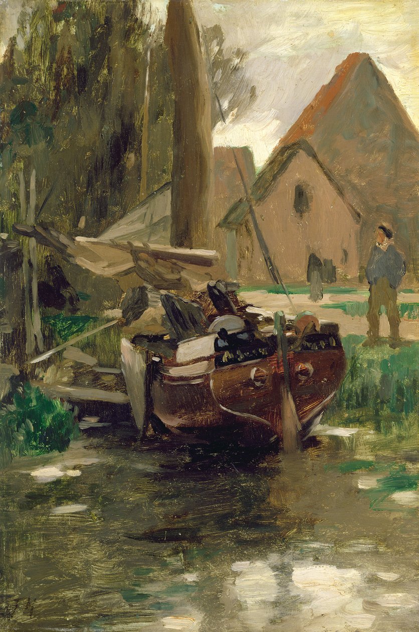 Liten hamn med en båt (olja på papper ombord) av Thomas Ludwig Herbst