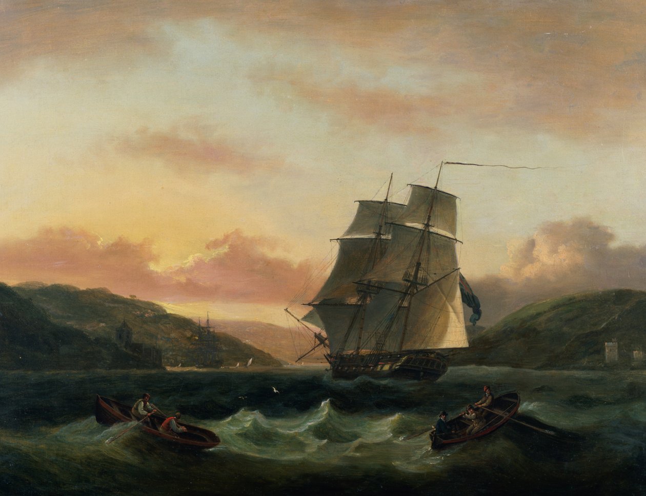 En Brigantine i full segel i Dartmouth Harbor av Thomas Luny