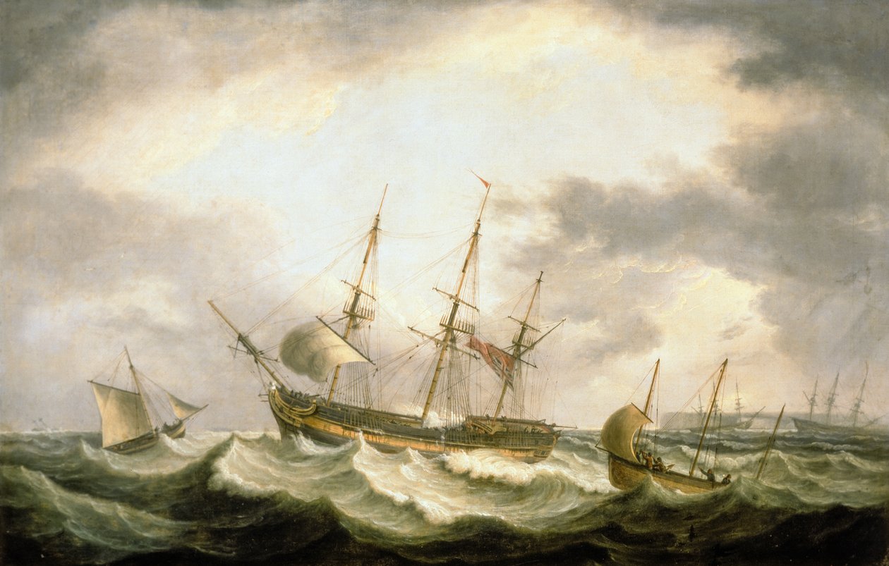 A Three Master på drift i Downs med hjälp till hands (olja på duk) av Thomas Luny
