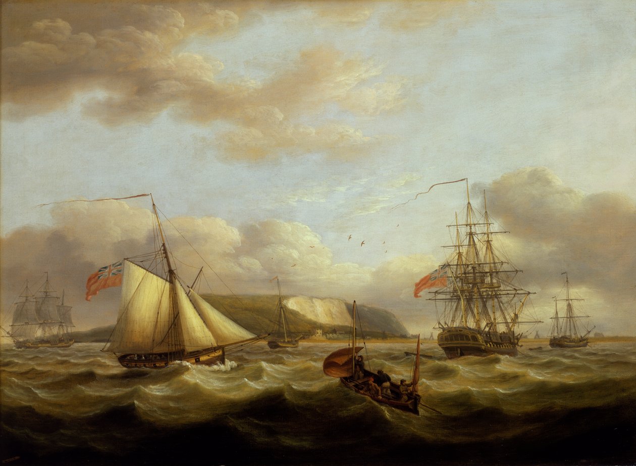 En kutter som passerar akter om en fregatt, tidigt 1800-tal (olja på duk) av Thomas Luny