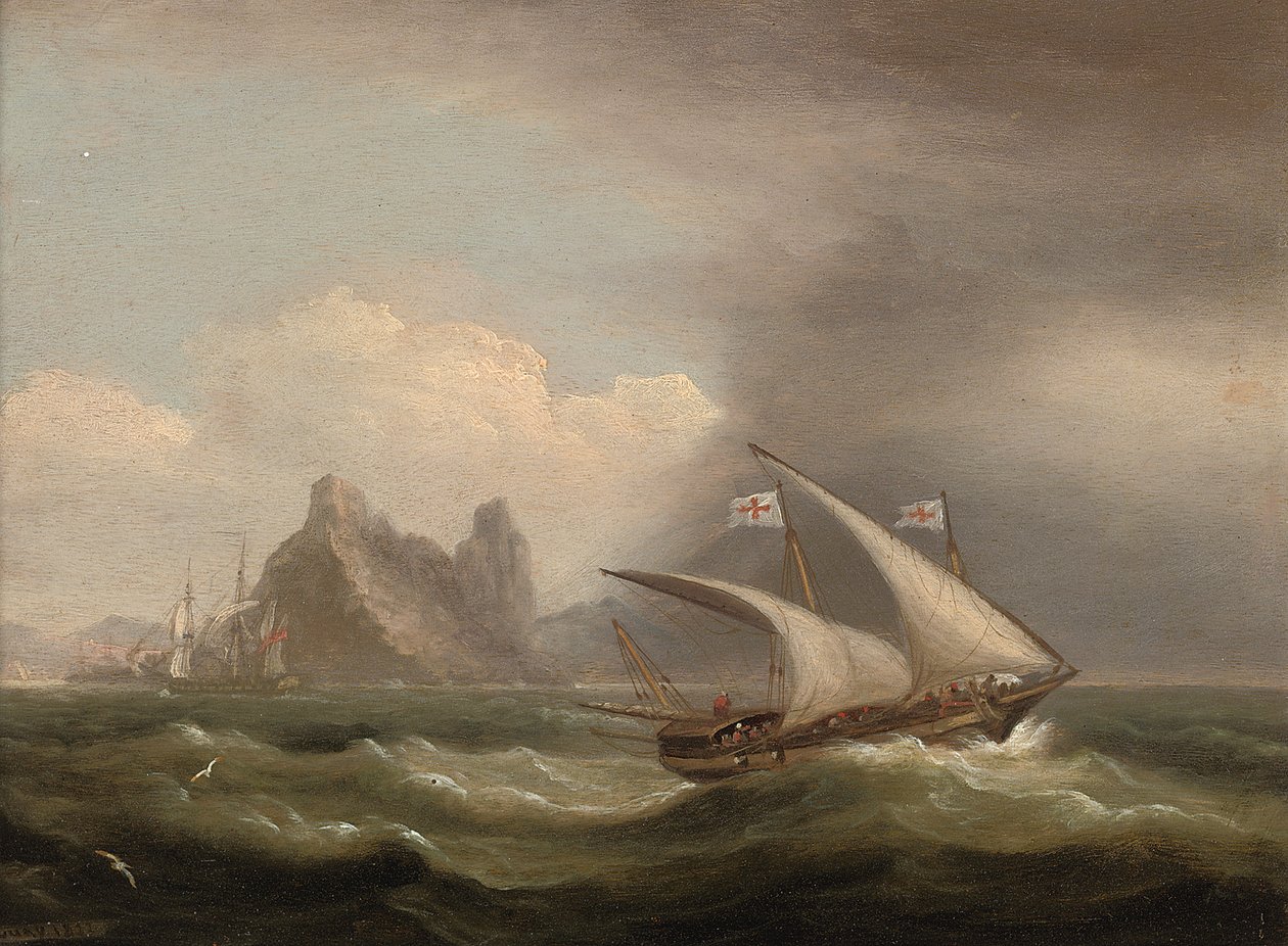 En beväpnad Xebec i Medelhavet, en brittisk fregatt utanför hennes akter och springer förbi en stenig kust, 1822 av Thomas Luny