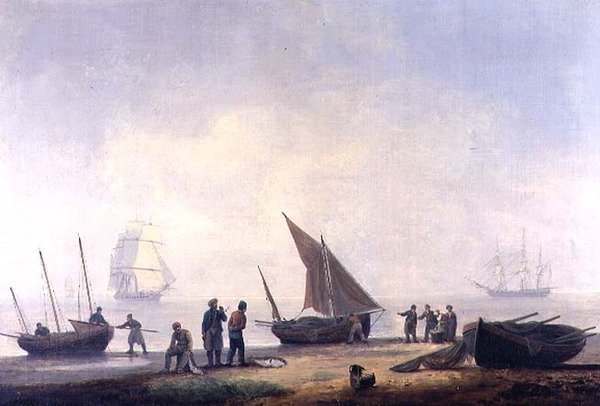 Fiskare på en strand, med fartyg offshore av Thomas Luny