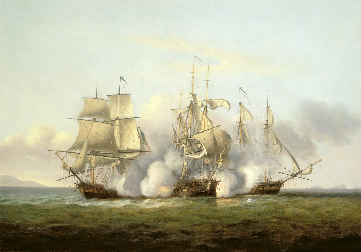 HMS Gore i strid med de franska briggarna "Palinure" och "Pilade" (se även 197354) av Thomas Luny