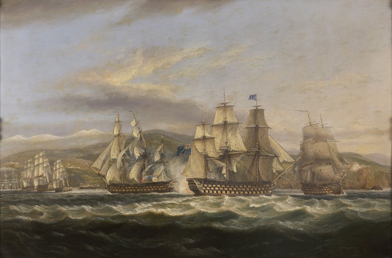 .FRÖKEN. Caledonia och H.M.S. Boyne jagar den franska flottan in i Toulon av Thomas Luny