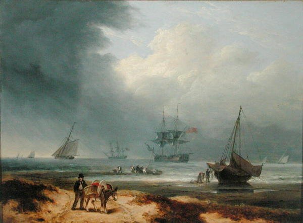 Frakt i en vindpinad vik med män som arbetar på stranden av Thomas Luny