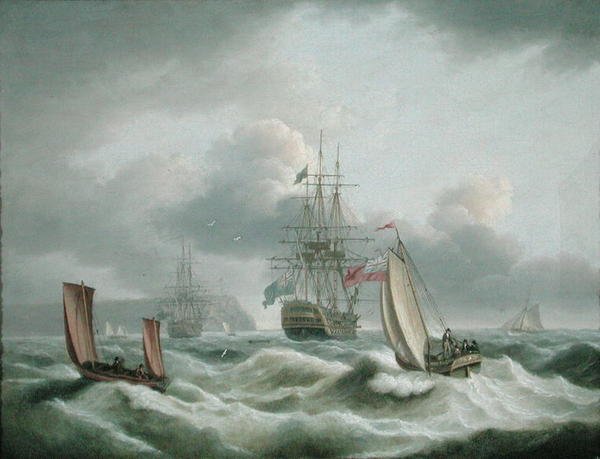 Two Deckers Lying off Berry Head (olja på duk) av Thomas Luny