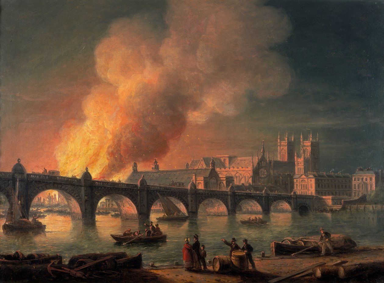 "Westminster Bridge and the Burning of the Houses of Parliament från Lambeth", 1835 av Thomas Luny