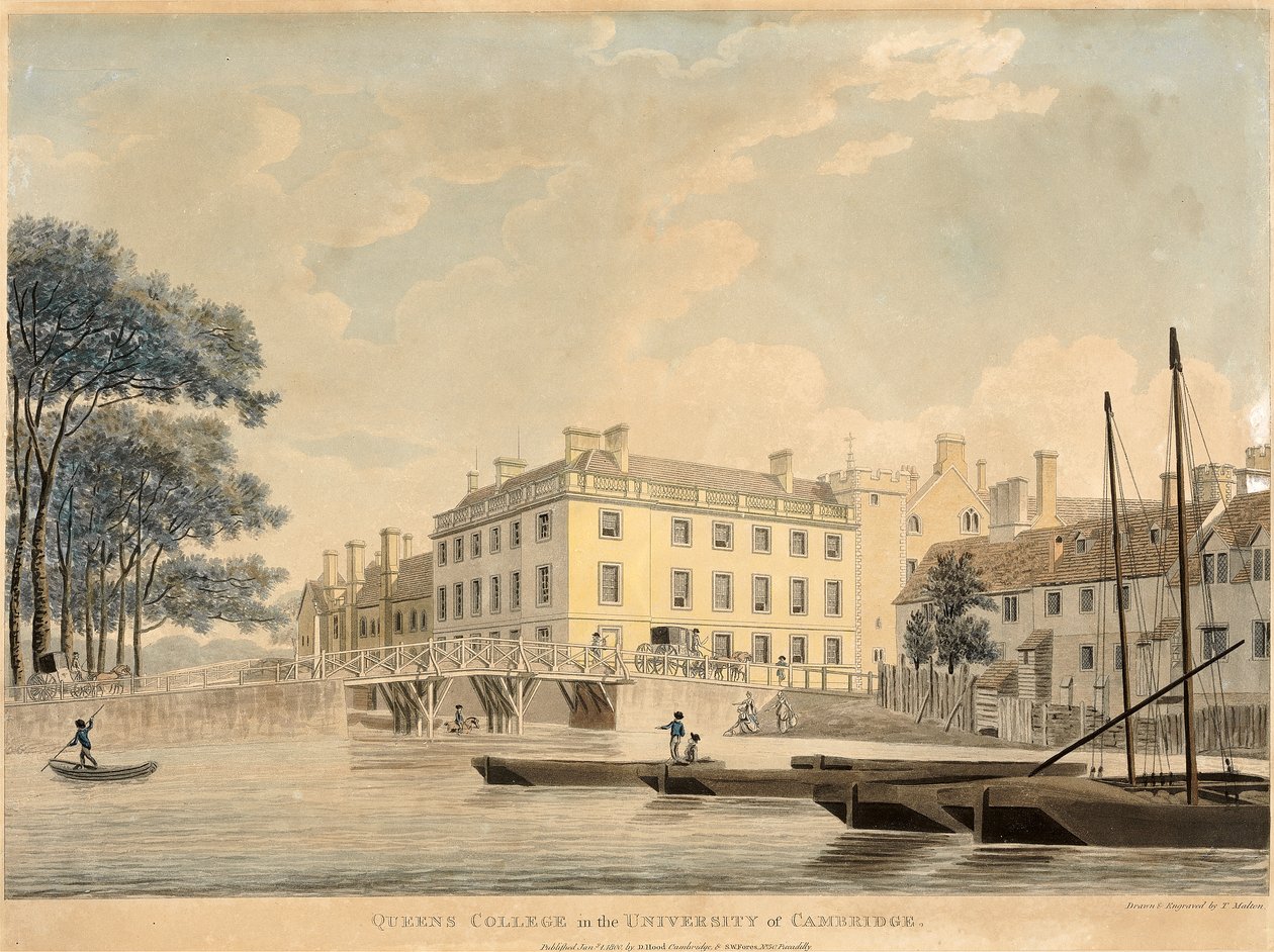 Queens College i University of Cambridge, pub 1800 (handfärgad akvatint) av Thomas Malton