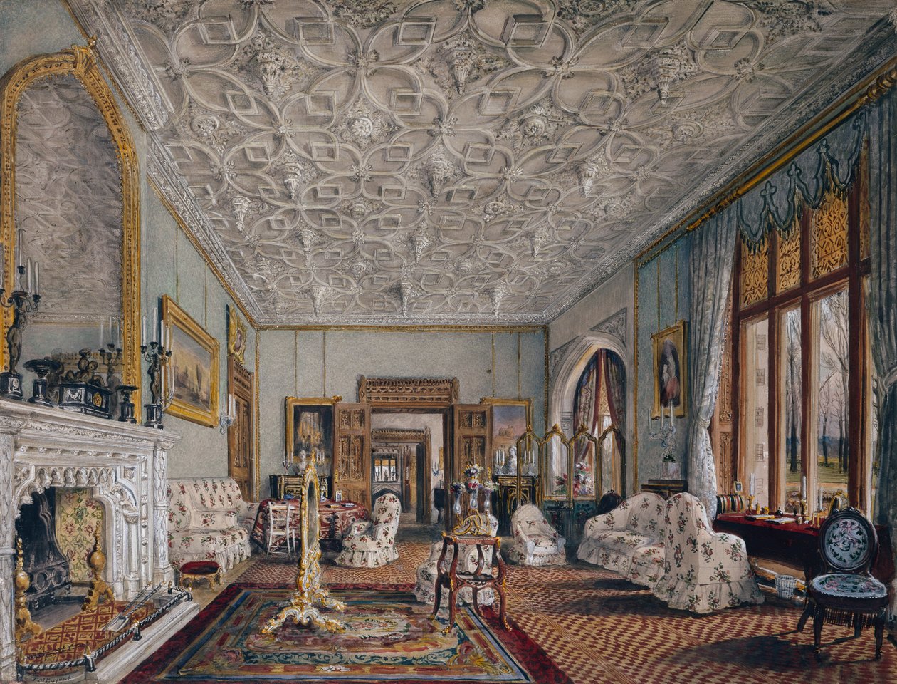 Salongen i gotisk stil, ca 1850 (akvarell) av Thomas Mann Baynes
