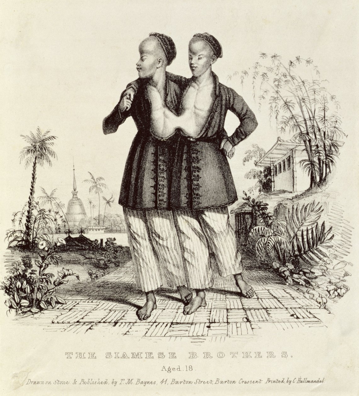 De siamesiska bröderna, 18 år gamla, tryckt av Charles Hullmandel (1789-1850), ca 1829 av Thomas Mann Baynes