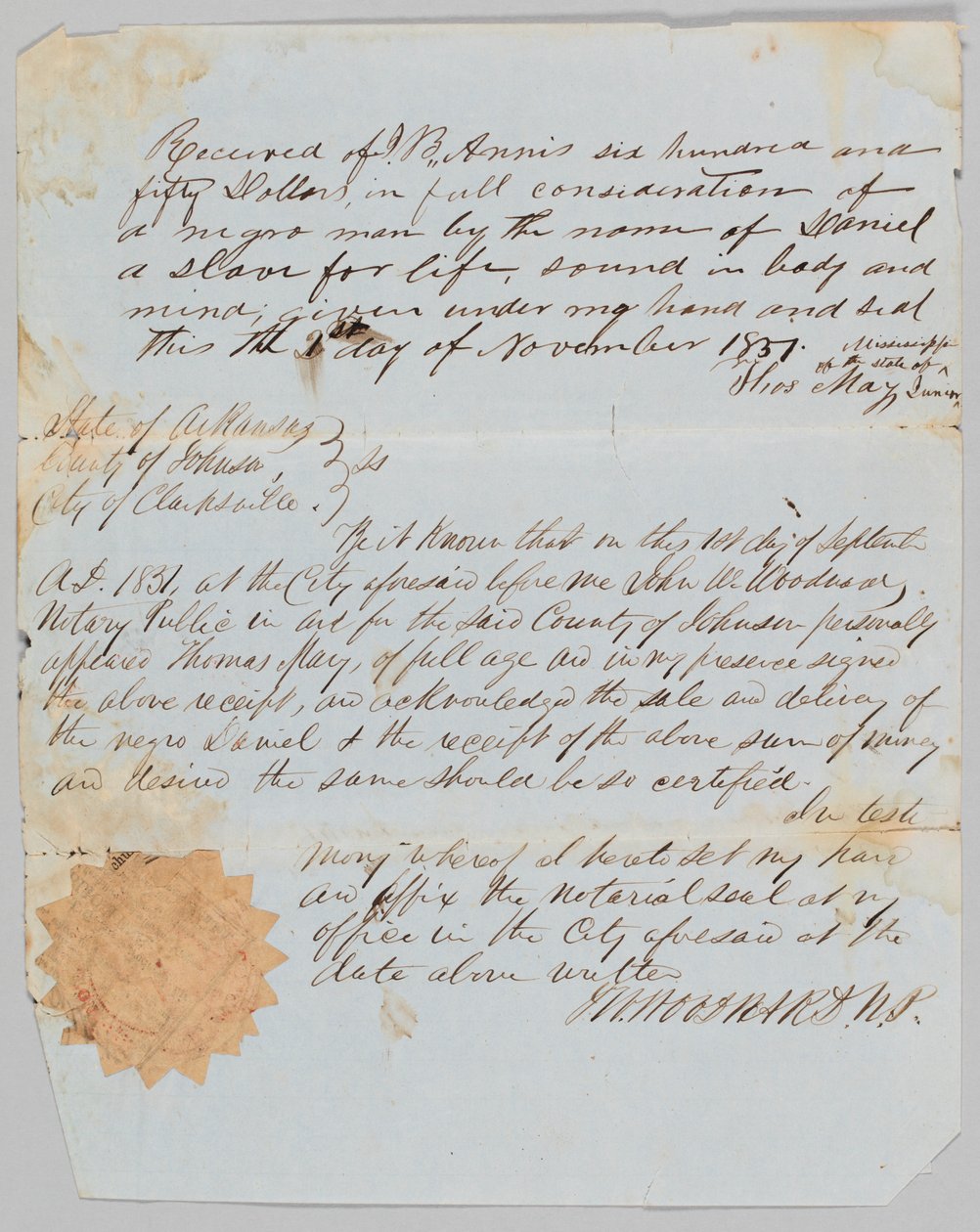 Försäljningsnota för en man vid namn Daniel till Jerome B. Annis, 1 november 1851. av Thomas May