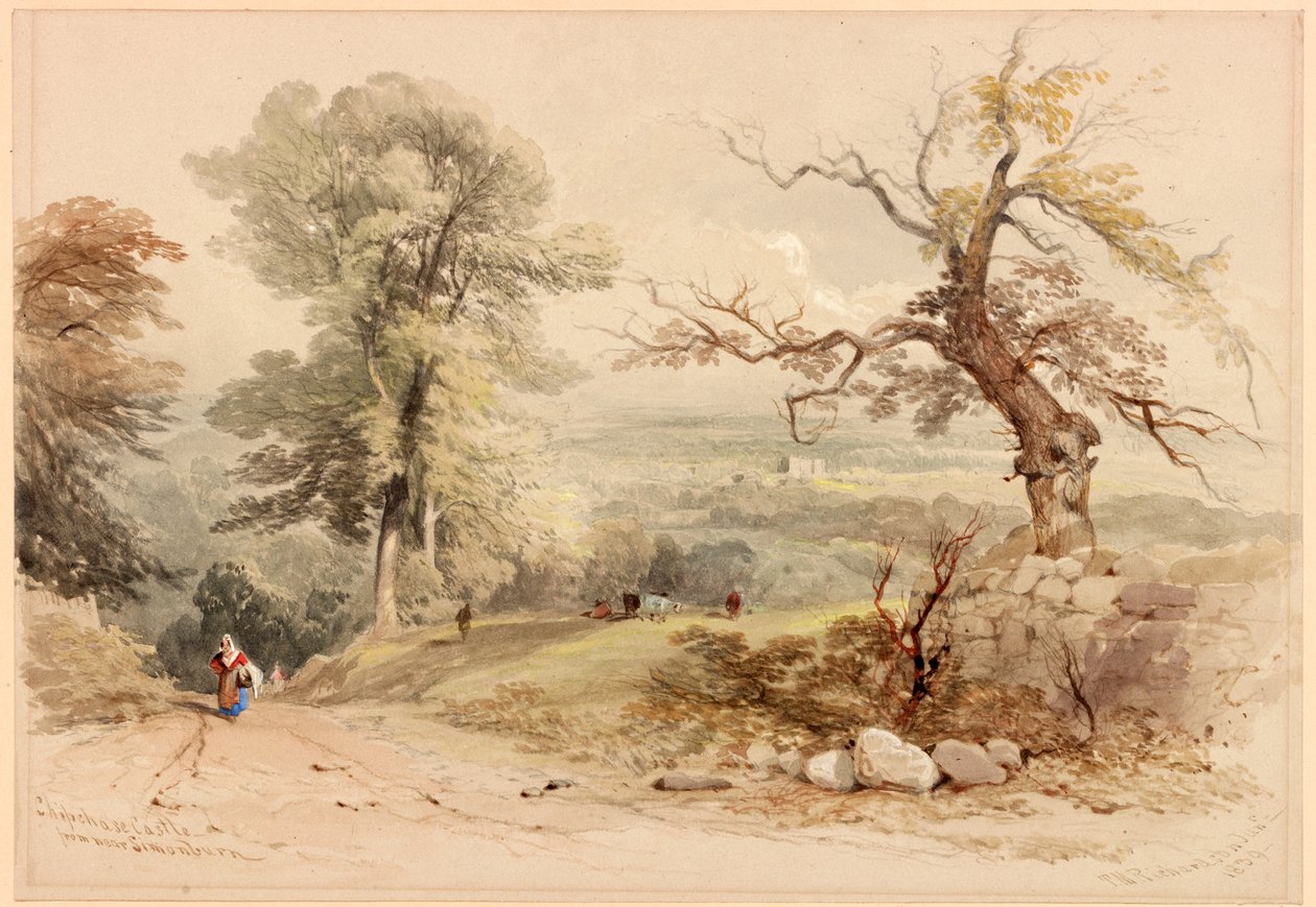 Chip Chase Castle från nära Simonburn (bc, penna och wc på papper) av Thomas Miles II Richardson
