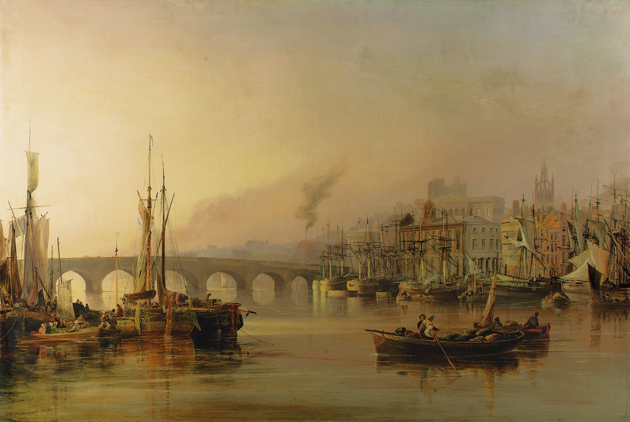 Utsikt över Newcastle från floden Tyne, med sjöfart i förgrunden, 1831 av Thomas Miles Richardson