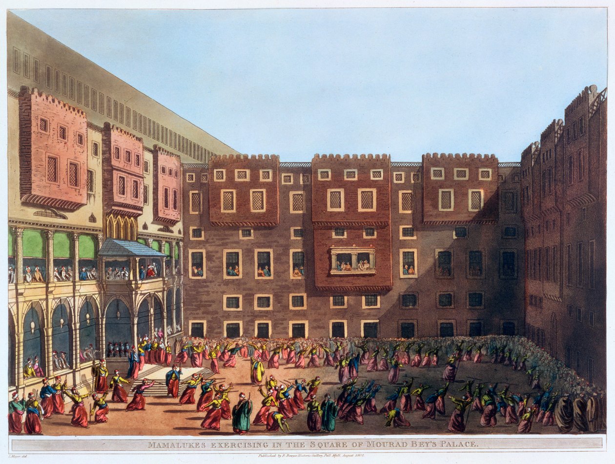 "Mamelukes tränar på torget i Mourad Beys palats", Kairo, Egypten, 1802 av Thomas Milton