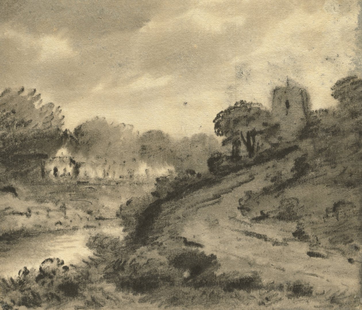 Ett trädbevuxet flodlandskap med en sten i vänster förgrund, ca 1800 av Thomas Monro