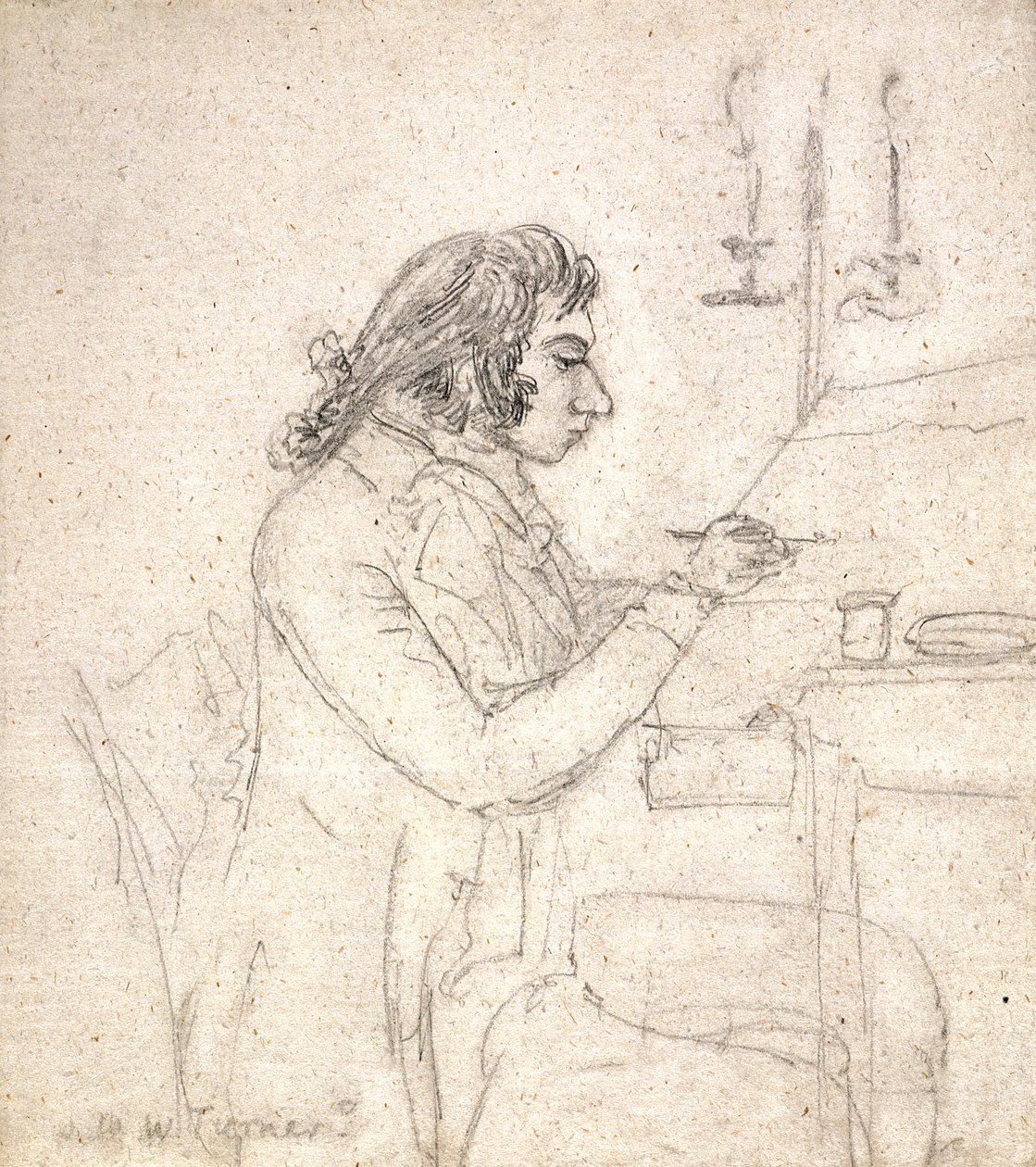 J. M. W. Turner vid ett ritbord; Verso: Mrs. Monro Asleep (penna på benvitt papper) av Thomas Monro