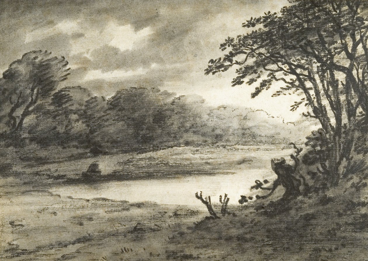 Lake Scene (kol  lavering på papper) av Thomas Monro