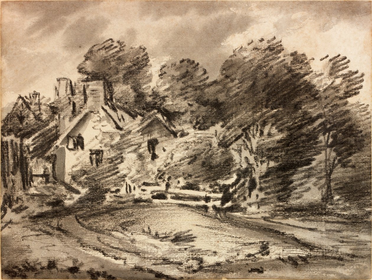 Landskap med stuga (krita och tvätta på papper) av Thomas Monro