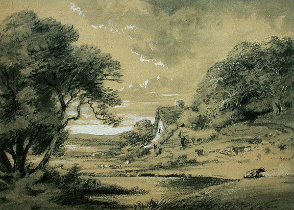 Landskap med en stuga vid en flod (kol, tvätt & kroppsfärg på papper) av Thomas Monro