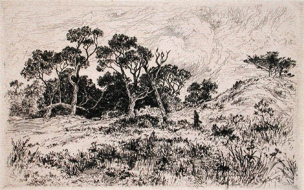 En sydlig vind och en molnig himmel Proklamera det till en jaktmorgon (etsning) av Thomas Moran