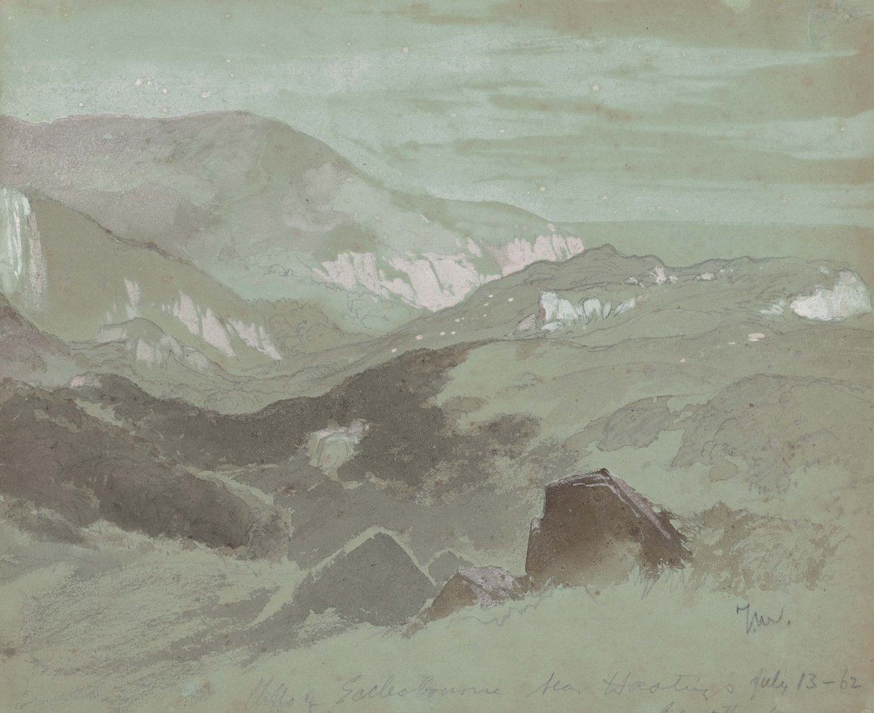 Cliffs of Ecclesbourne nära Hastings, 1862 (grafit med tvätt på grått vävt papper) av Thomas Moran