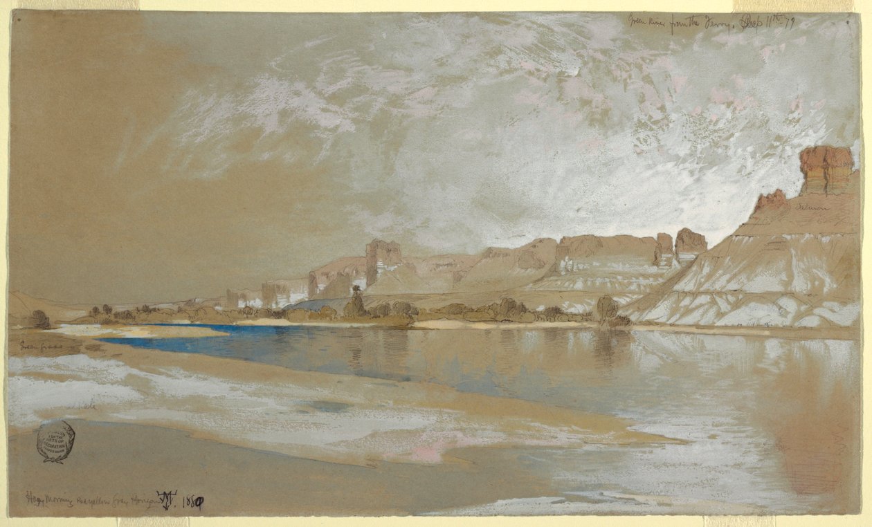 Ritning, Green River från färjan, Wyoming Territory, 11 september 1889 av Thomas Moran