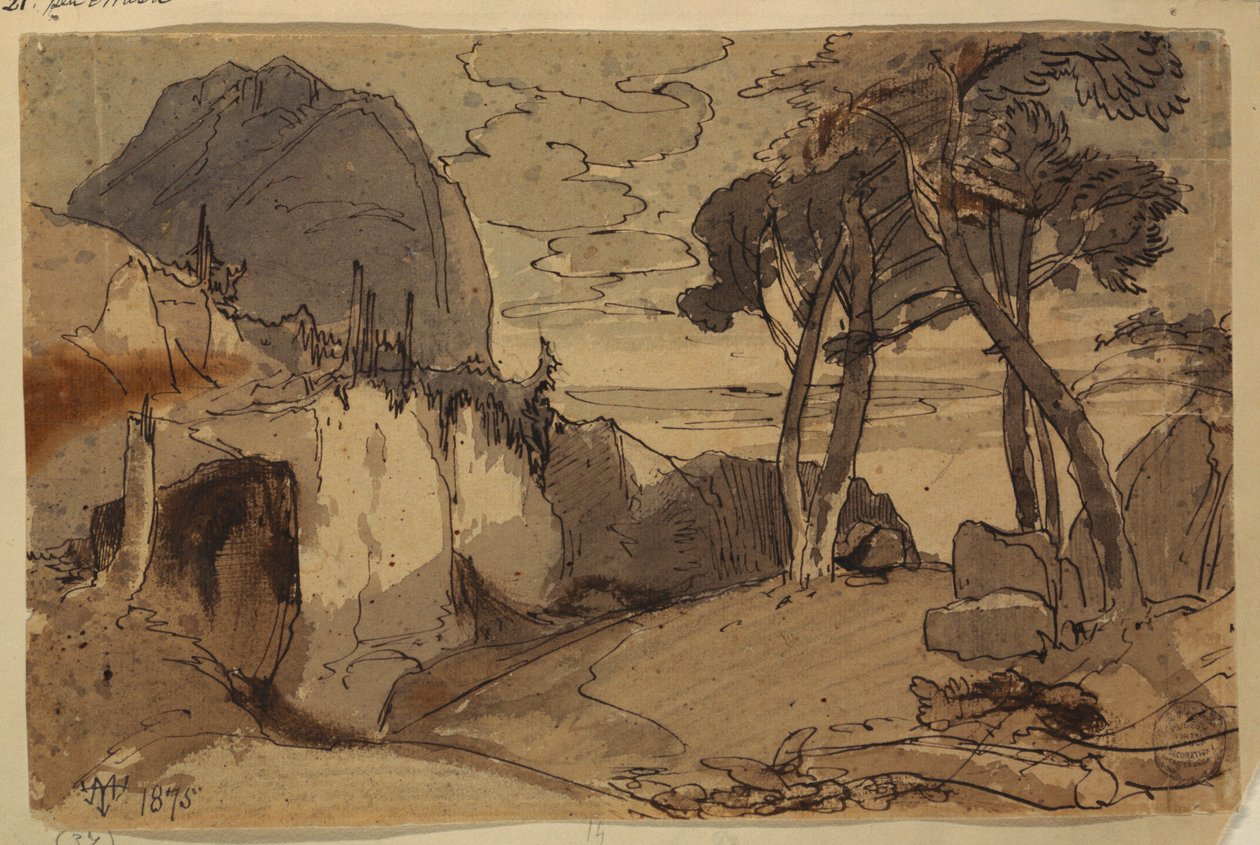 Teckning, Väg i bergslandskap, 1875 av Thomas Moran