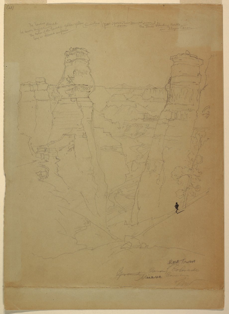 Teckning, Klipptorn i Muave [Muav] Canyon, Colorado, 1873 av Thomas Moran