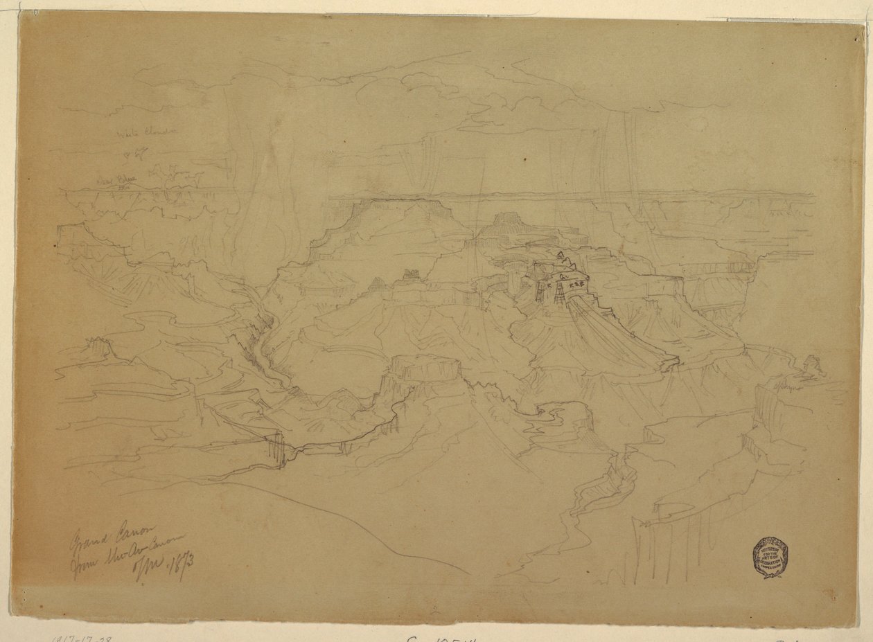 Teckning, Grand Canyon i regn, 1873 av Thomas Moran