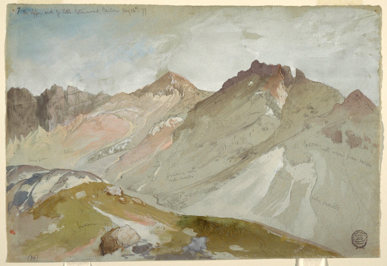 Teckning, Den övre änden av Little Cottonwood Canyon, Wasatch Range, nära Ogden, Utah, 13 augusti 1879 av Thomas Moran