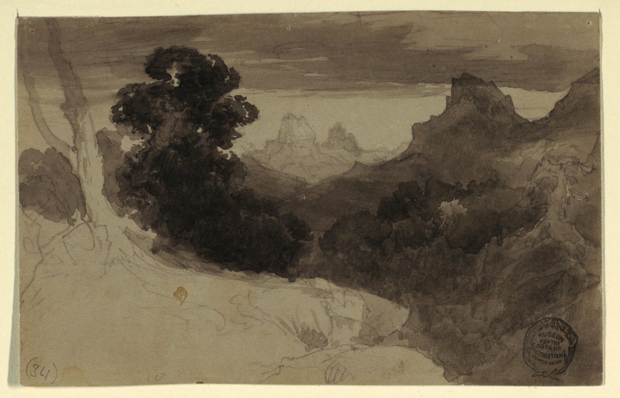Teckning, vy över Tetons, Wyoming, 1874 av Thomas Moran