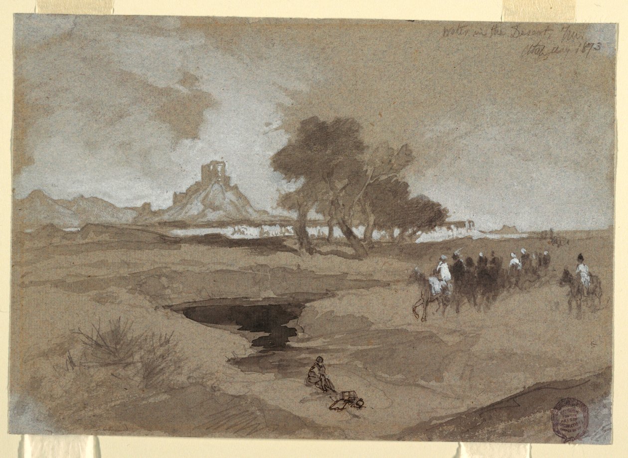 Teckning, Vattenhål i öknen, Utah, 1873 av Thomas Moran