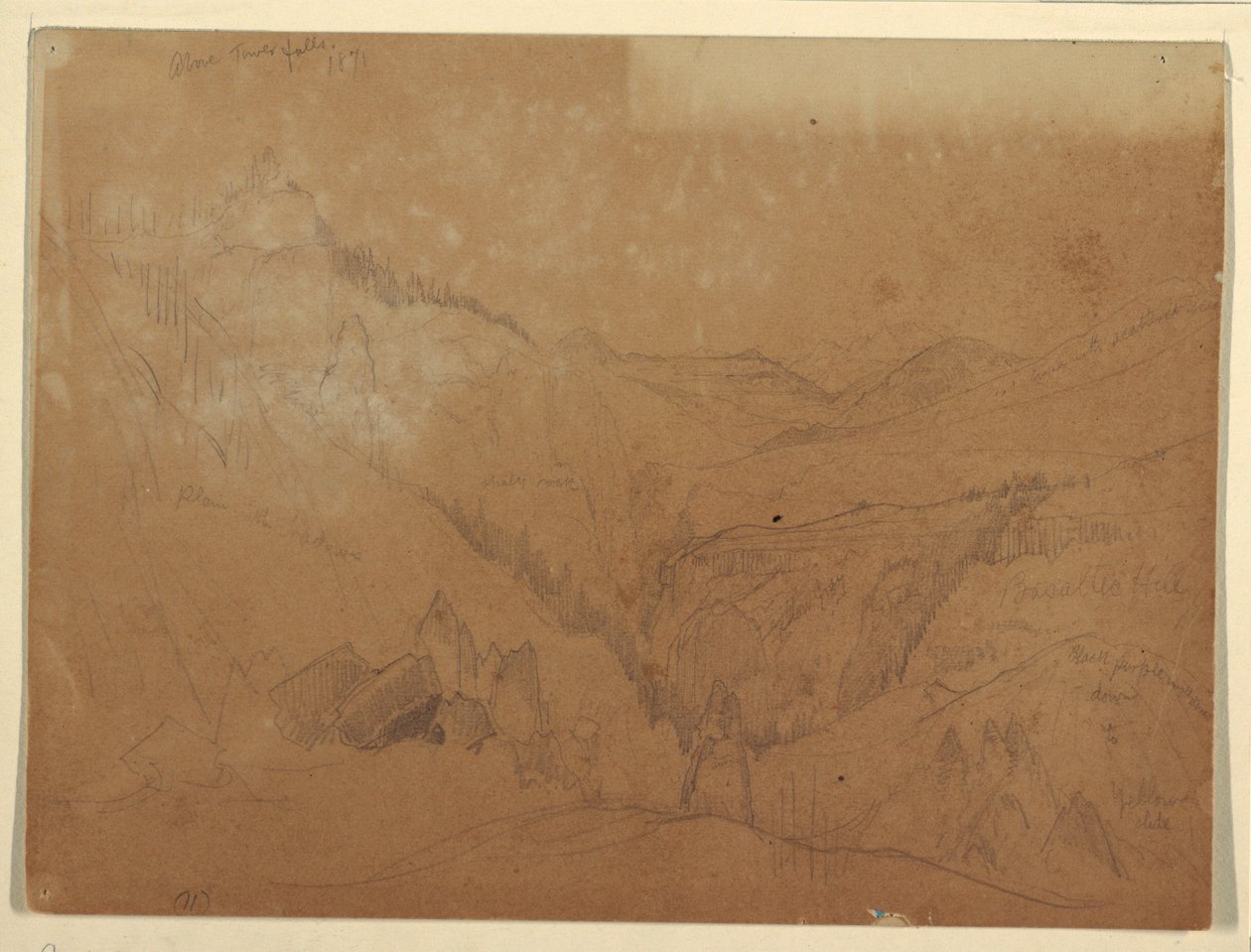 Teckning, Yellowstone, ovanför Tower Falls, 1871 av Thomas Moran