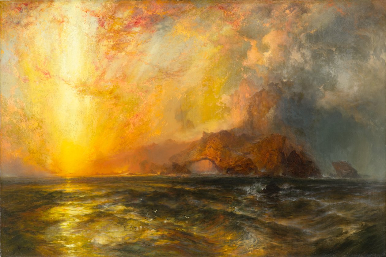Häftigt brände den röda solen ner sig längs himlen, 1875-1876 av Thomas Moran