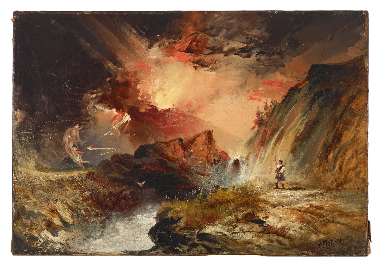 Macbeth och häxorna (möjligen Höglandsfantasi) av Thomas Moran