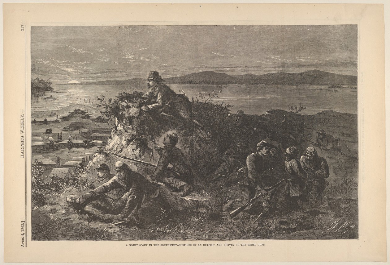 A Night Scout in the Southwest - Surprise of an Outpost, and Survey of the Rebel ..., 4 april 1863. av Thomas Nast