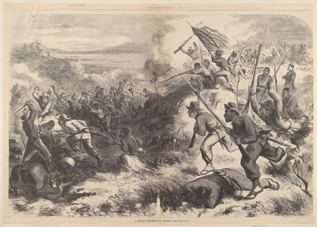 Ett svart regemente i aktion från Harpers Weekly, 14 mars 1863. av Thomas Nast