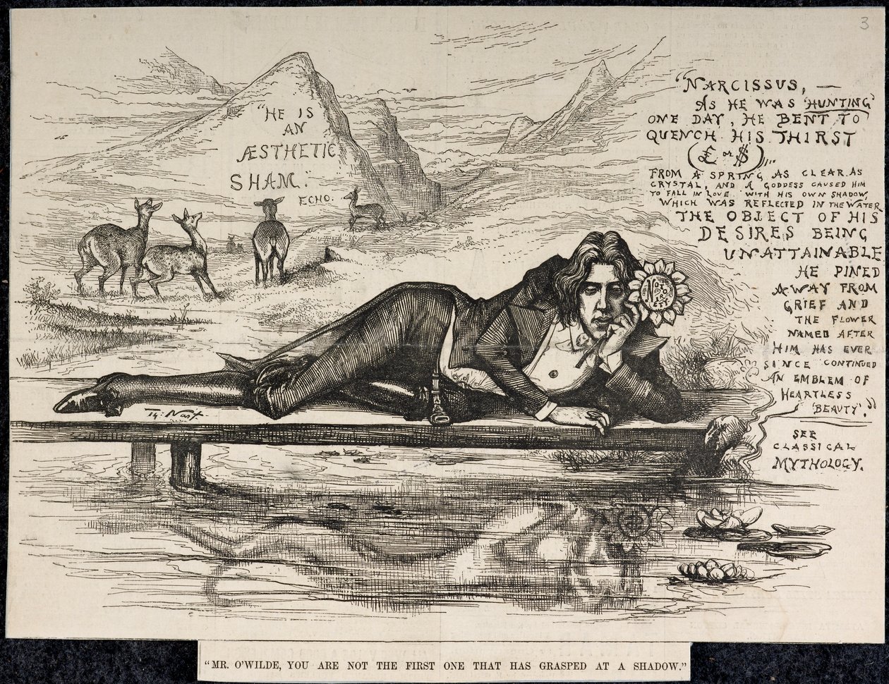 Oscar Wilde som Narcissus (med en inskription) (gravyr) av Thomas Nast