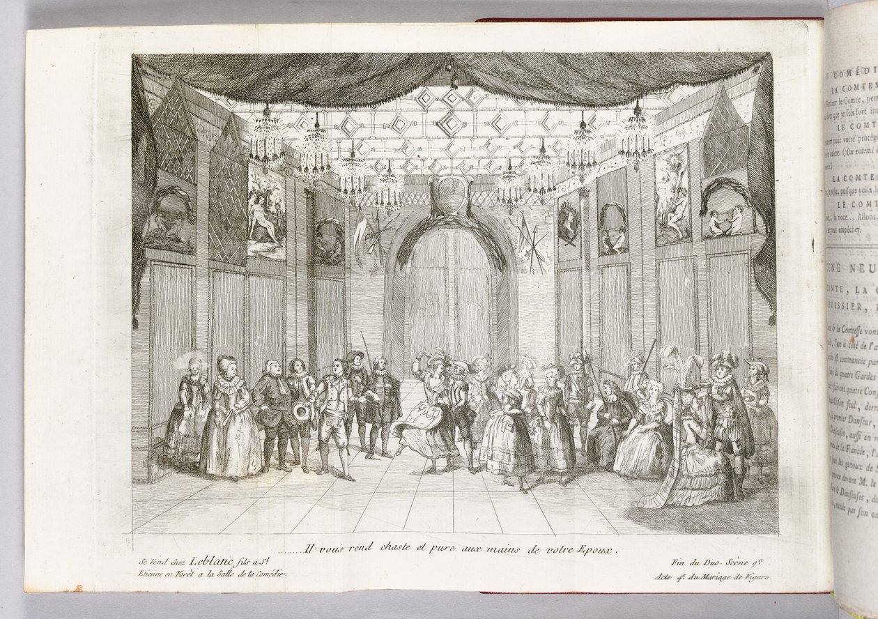 "Han gör dig kysk och ren i händerna på din make", illustration från "Figaros äktenskap" av Pierre Augustin Caron de Beaumarchais, 1784 av Thomas Naudet
