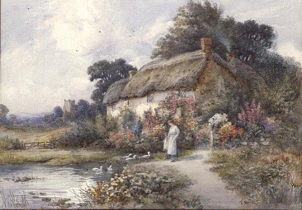 Halmtäckt stuga, Ringwood, Hampshire (akvarell) av Thomas Noelsmith