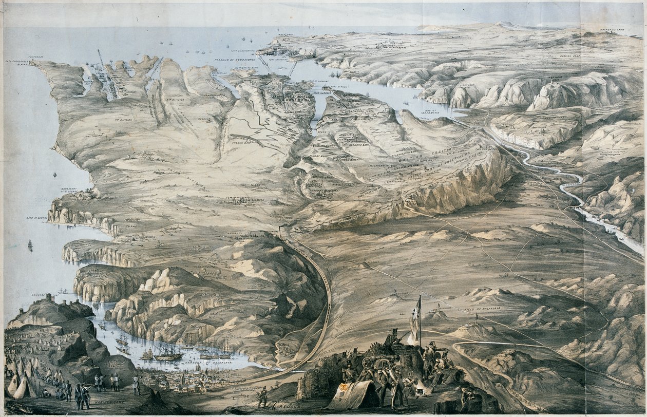 Panoramautsikt över förskansningen av Englands och Frankrikes allierade arméer före Sebastopol (litografi, tonad) av Thomas Packer