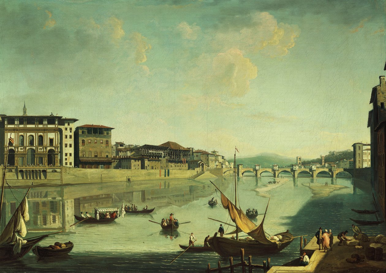 Utsikt över Arno med Ponte alle Gracie, Florens, av Thomas Patch