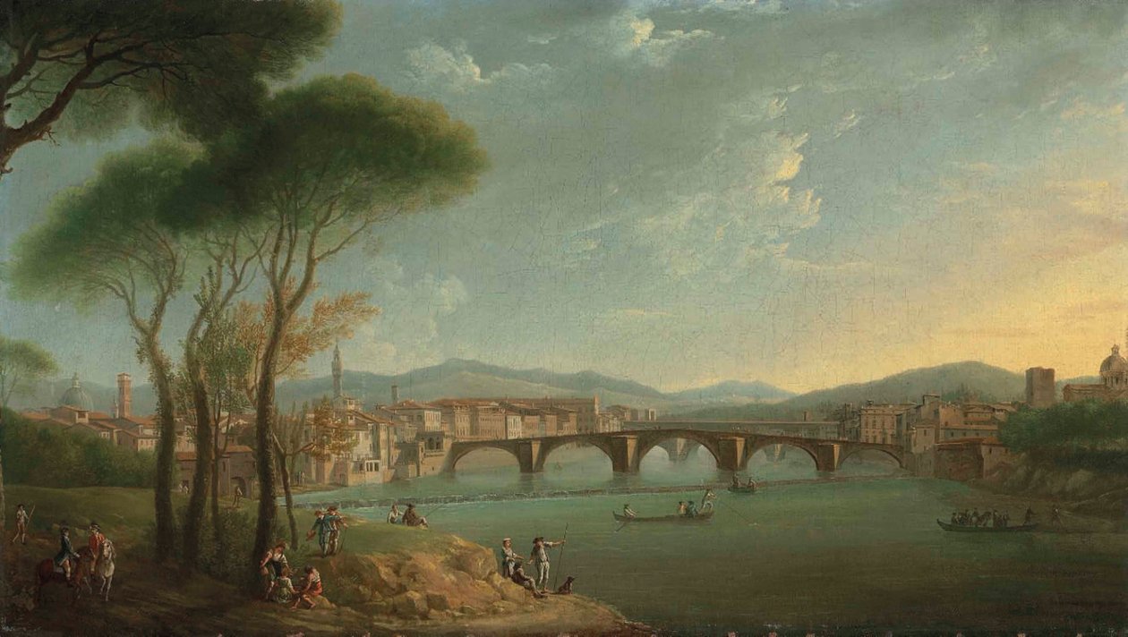 En utsikt över Arno, Florens, från Cascine Gardens, med figurer som fiskar och vilar på klipporna i förgrunden, Ponte alla Carità och Ponte Vecchio bortom av Thomas Patch