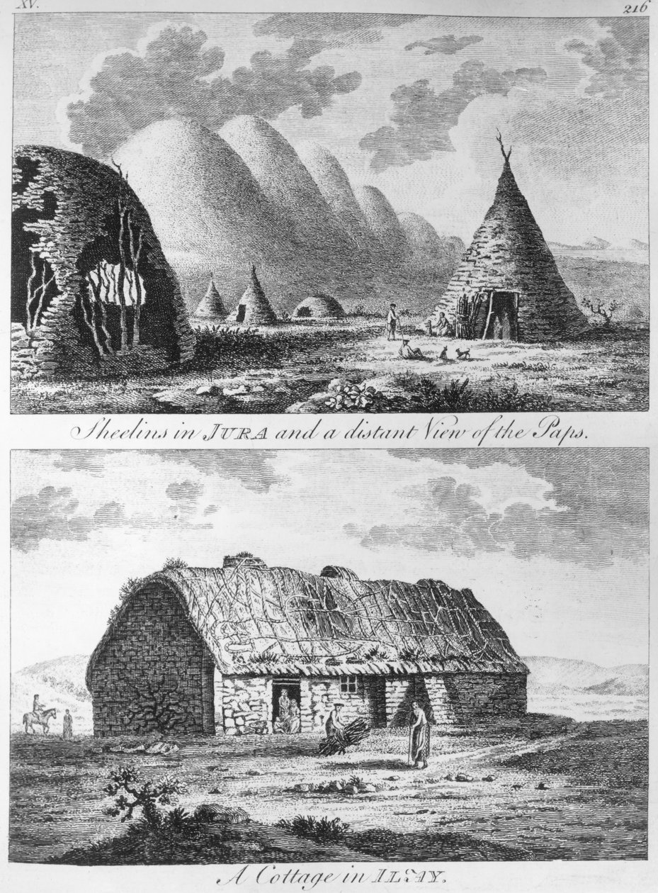 Sheelins i Jura och en avlägsen utsikt över Paps and A Cottage of Islay, från "A Tour in Scotland, and voyage to the Hebrides" 1772 av Thomas Pennant