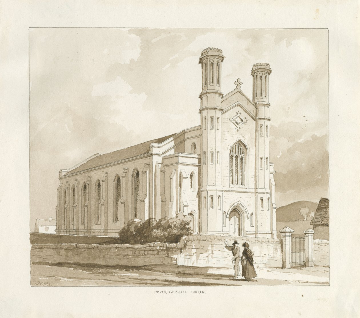 (Övre) Gornal kyrka: sepia tvätt ritning av Thomas Peploe Wood