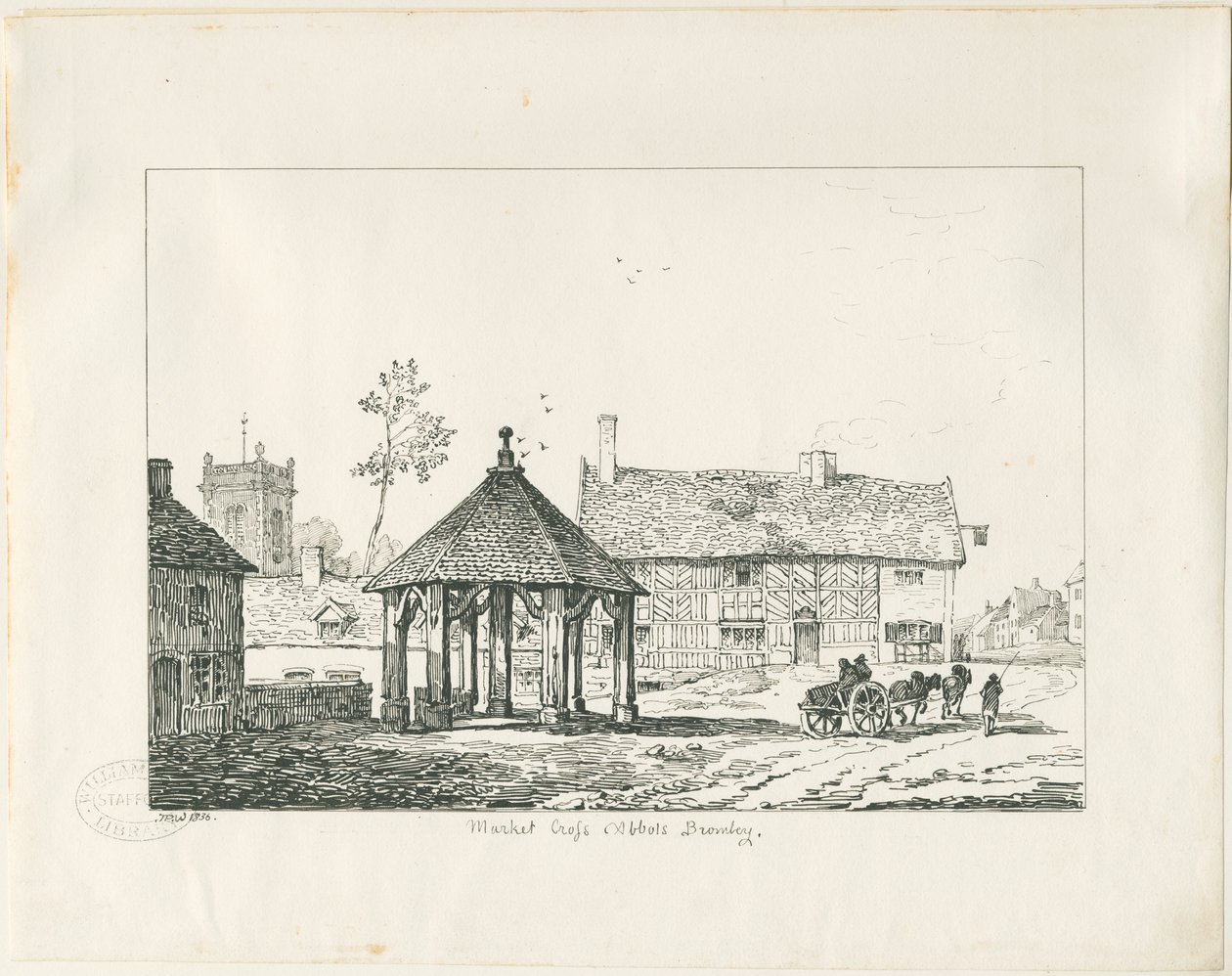 Abbots Bromley - Tudor Market Cross and House: ritning med penna och bläck av Thomas Peploe Wood