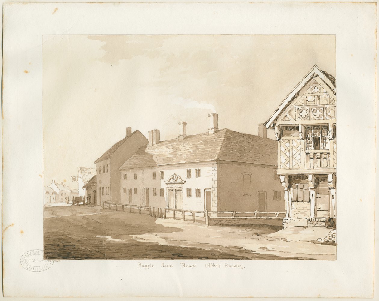 Abbots Bromley Almshouses: sepiatvättteckning av Thomas Peploe Wood