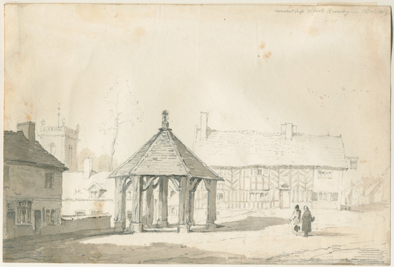 Abbots Bromley Tudor - Market Cross and House: ritning med blyerts och tvätt av Thomas Peploe Wood