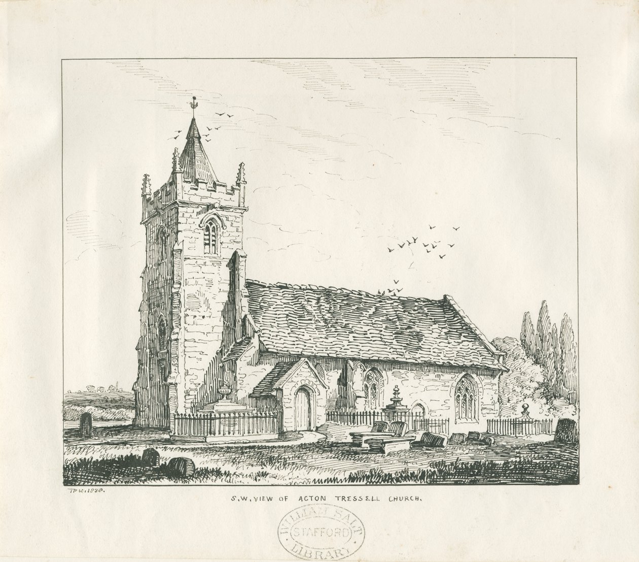 Acton Trussell Church: ritning med penna och bläck, 1838 av Thomas Peploe Wood